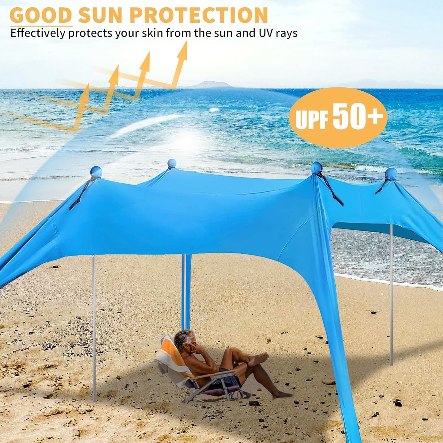 Beach Canopy with 4 Aluminium Poles – UPF 50+ Large Portable Sun Shelter (300 × 300 cm)