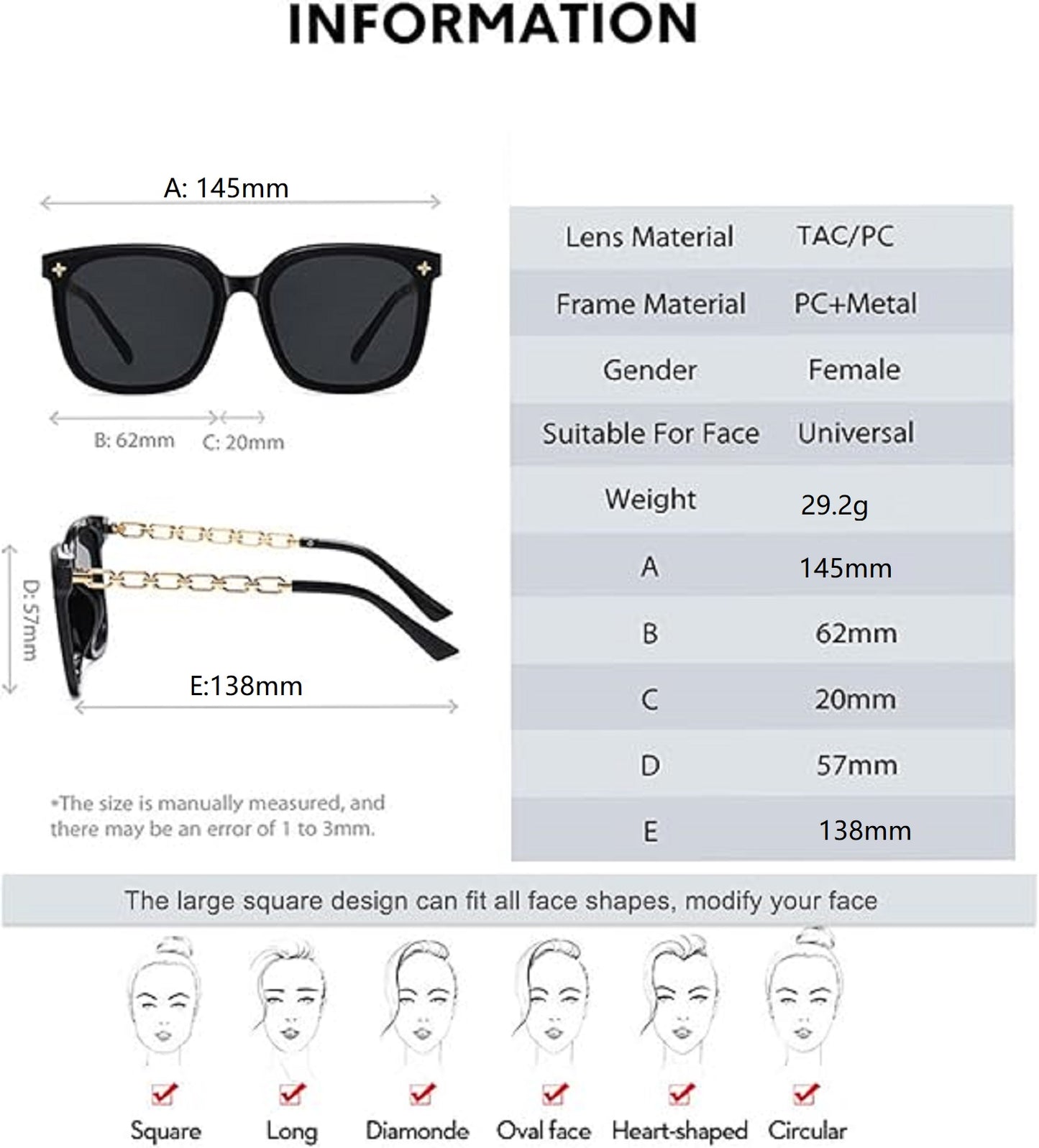 ECOTREK Women’s Oversized Sunglasses – UV400 Retro Square Fashion Shades LX07