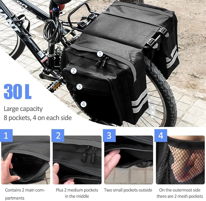 30L Waterproof Bike Rear Rack Double Pannier Bag with Reflective Trim – Black JS76603