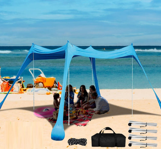 Beach Canopy with 4 Aluminium Poles – UPF 50+ Large Portable Sun Shelter (300 × 300 cm)