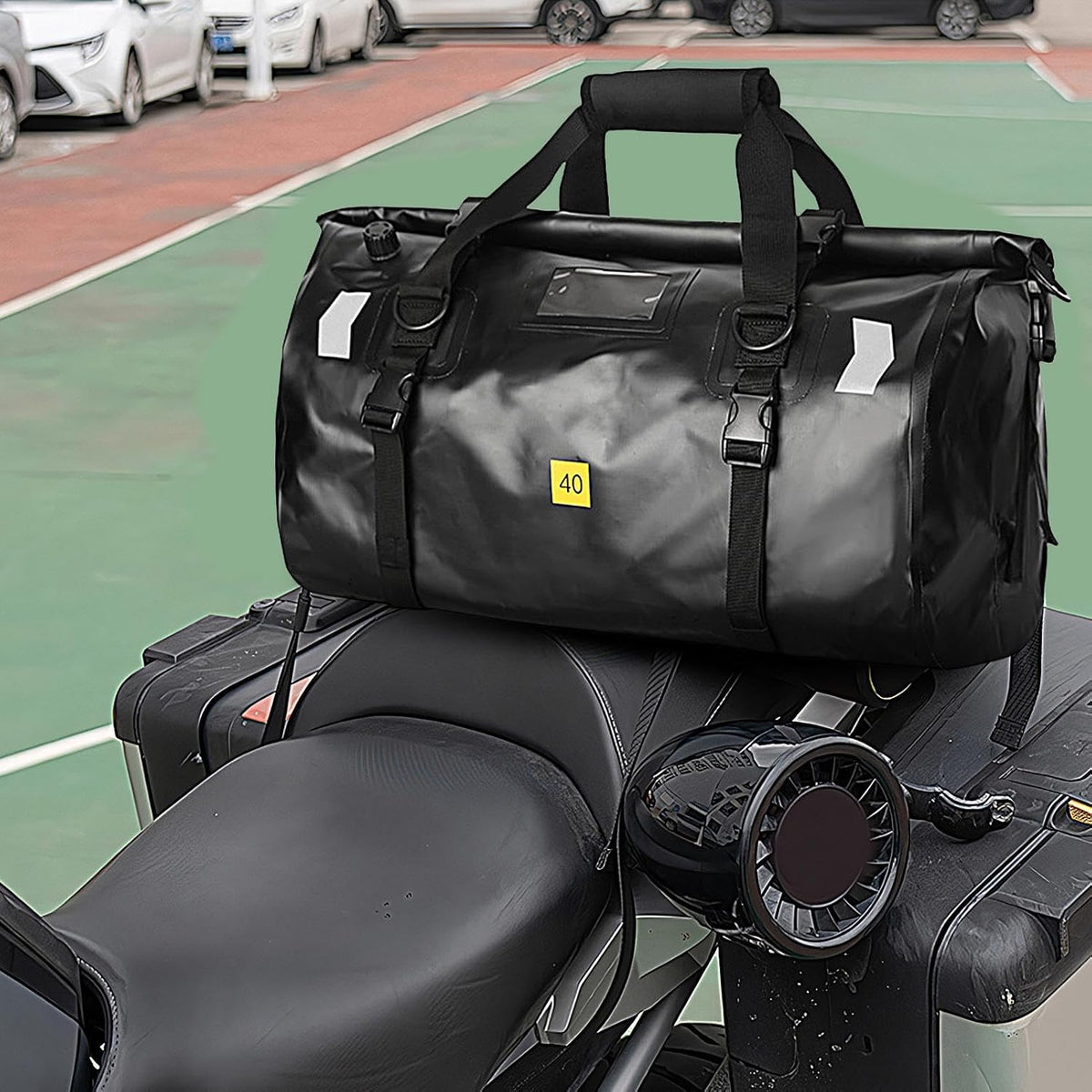 Waterproof motorcycle tail bag on motorcycle