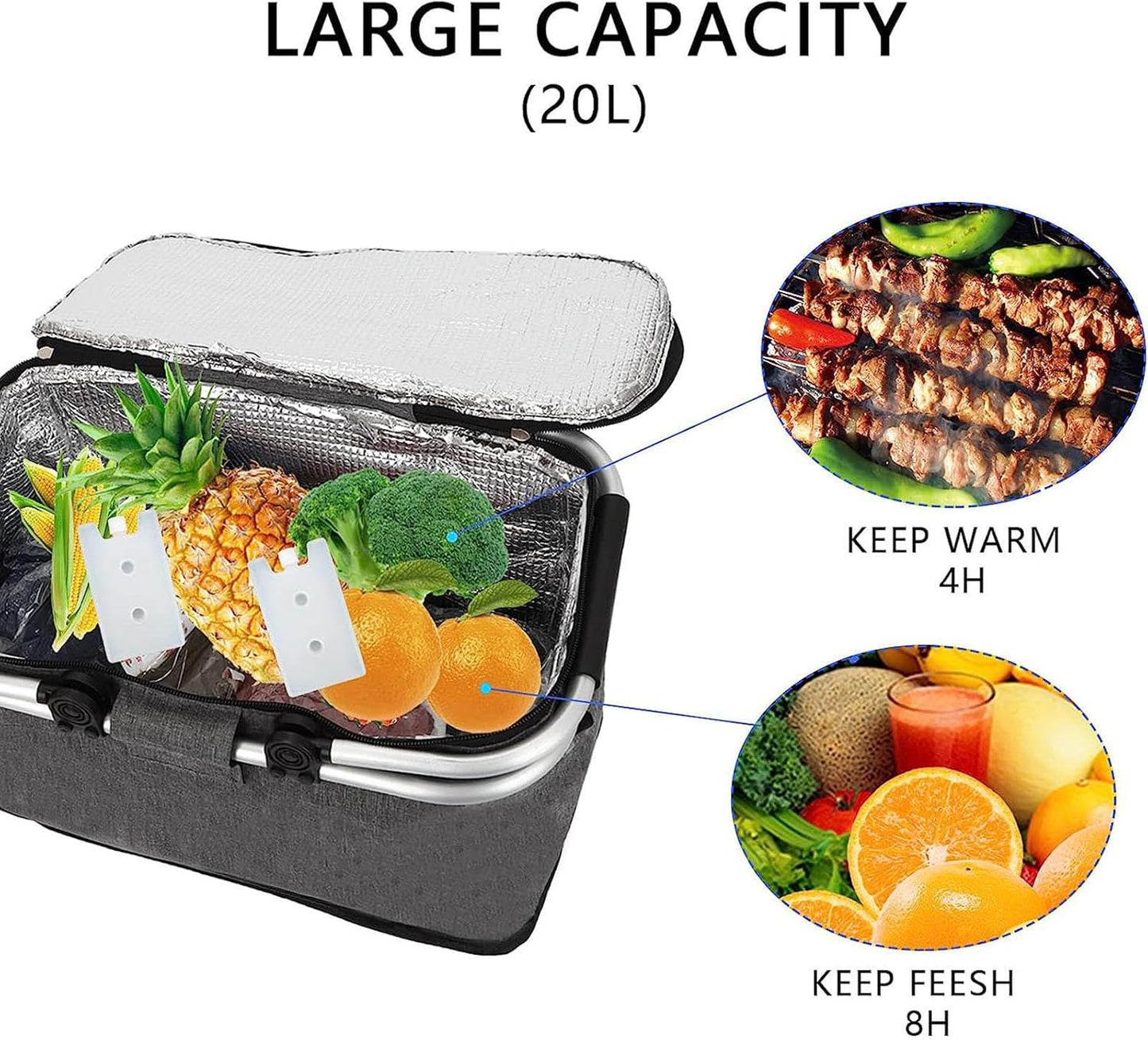 Insulated Picnic Lunch Bag - Large 20L Foldable Soft Cooler Bag JS33001