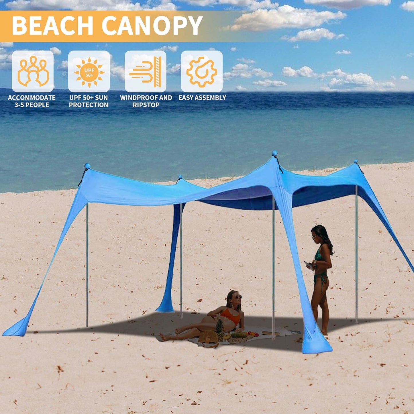 Beach Canopy with 4 Aluminium Poles – UPF 50+ Large Portable Sun Shelter (300 × 300 cm)