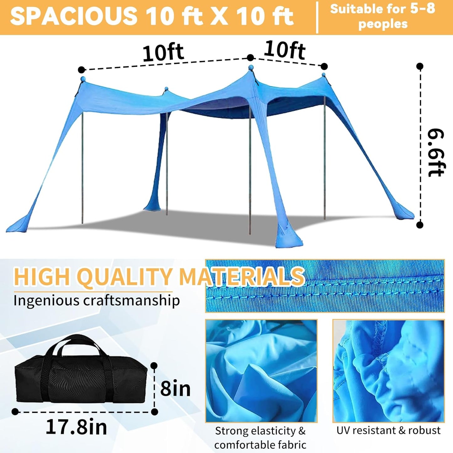Beach Canopy with 4 Aluminium Poles – UPF 50+ Large Portable Sun Shelter (300 × 300 cm)