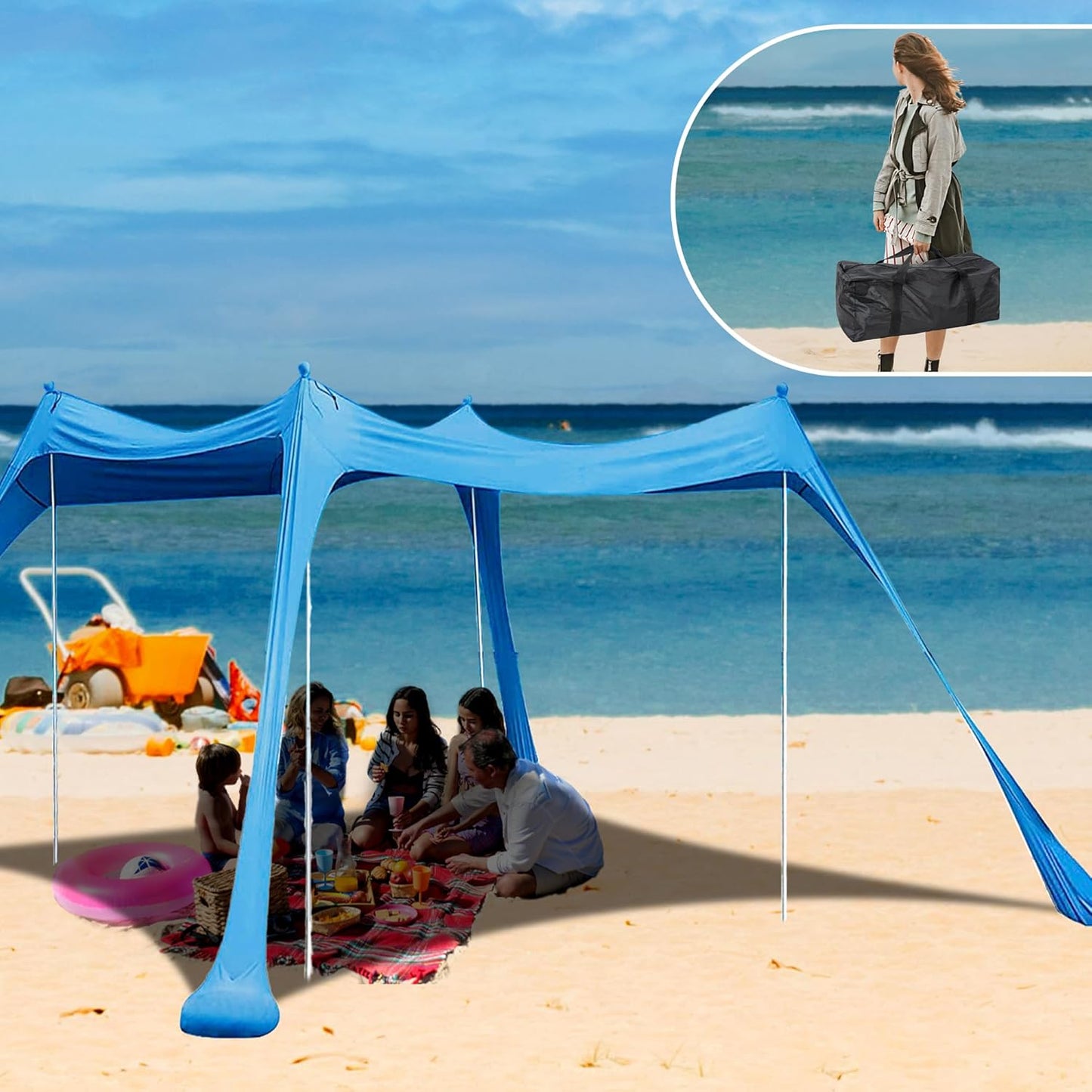 Beach Canopy with 4 Aluminium Poles – UPF 50+ Large Portable Sun Shelter (300 × 300 cm)