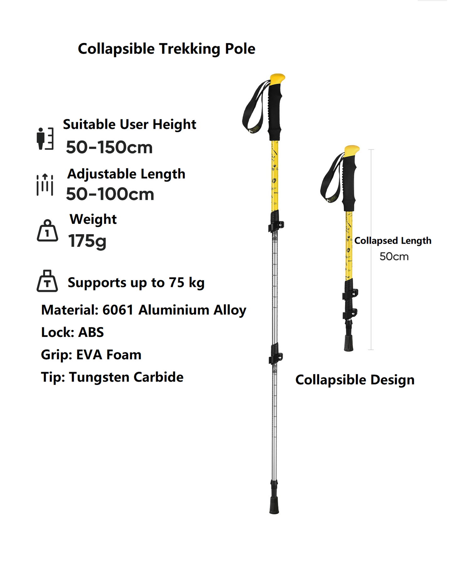 Telescopic Trekking Poles – Collapsible Hiking Sticks for Users up to 150 cm PRI50128